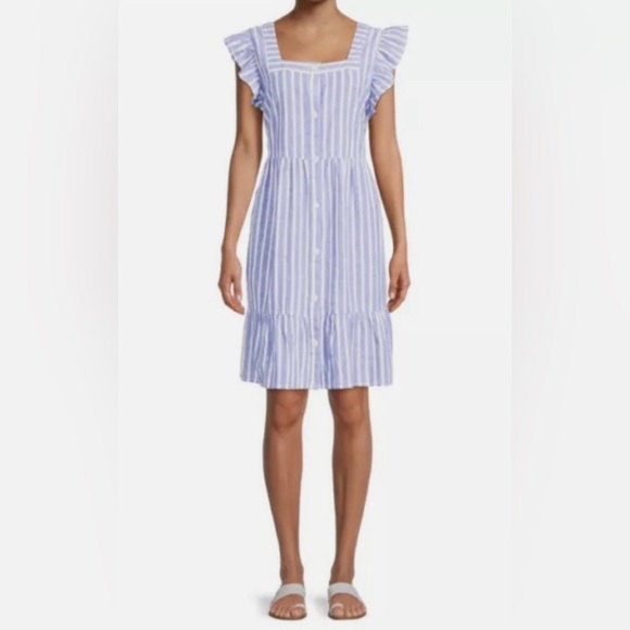 Beachlunchlounge-Women's Flutter Sleeve Button Front Linen Dress-EUC - Picture 13 of 13